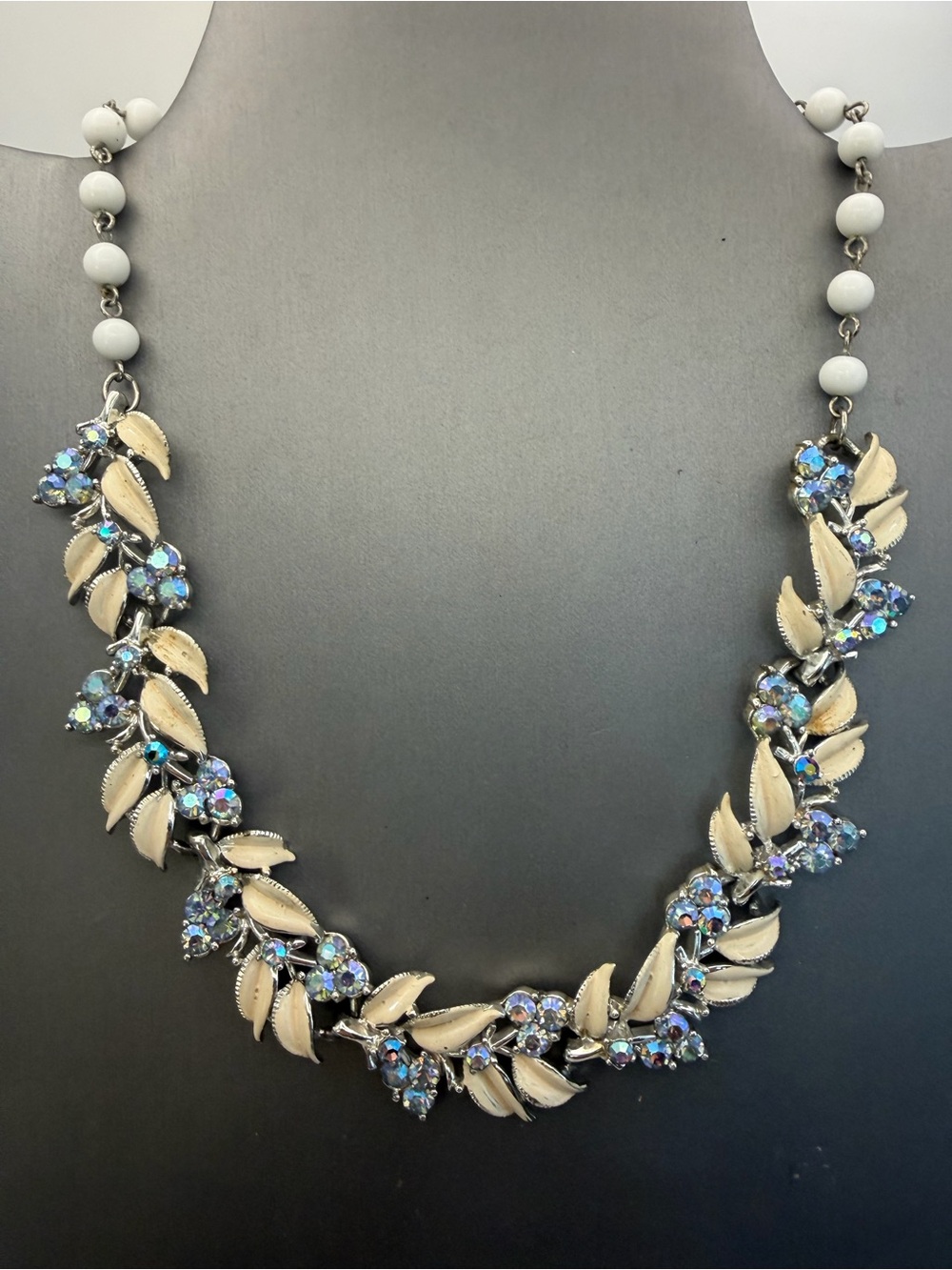Vintage Coro Enamel Cream Leaf Necklace with Blue AB Accents